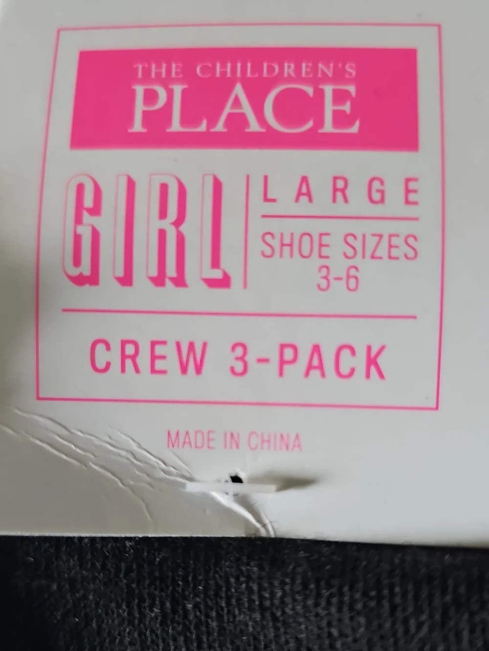 Girl's Socks The Children's Place Crew 3 Pack Size Large Shoe Size 3-6 New Black